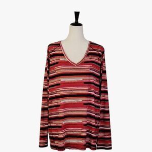 Westbound Red Striped V-neck Long Sleeve 100% Cotton T-shirt Size 3X
